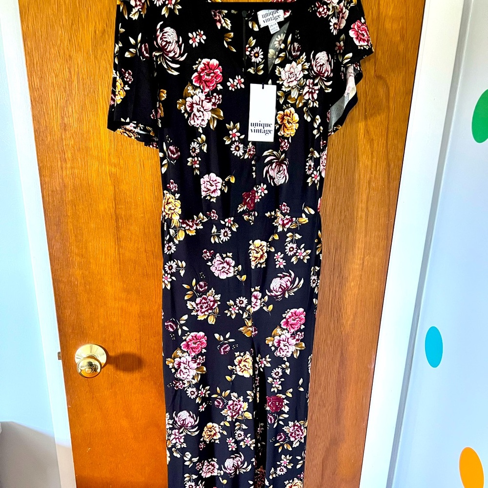 NWT Unique Vintage Plus Size Black & Pink Floral Heddy Jumpsuit size 2x/18